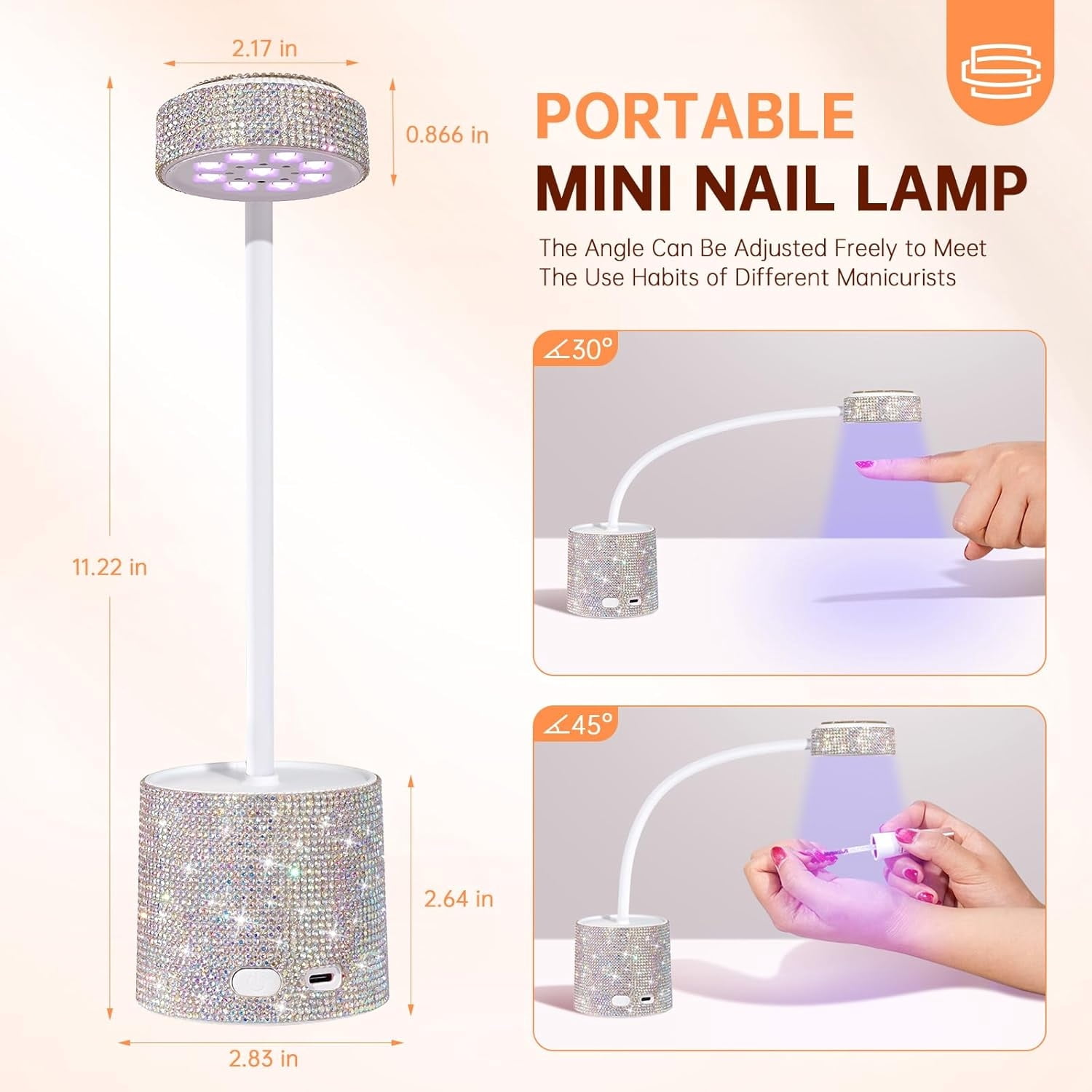 UV LED Nail Lamp, Mini UV Light for Gel Nails Polish, Rechargeable LED Flash Cure Nail Dryer, Quick Drying Goosenecks UV Nail Lamp for Home Nail Salon DIY Manicure, AB Diamond,Silver Sticky Diamond,A
