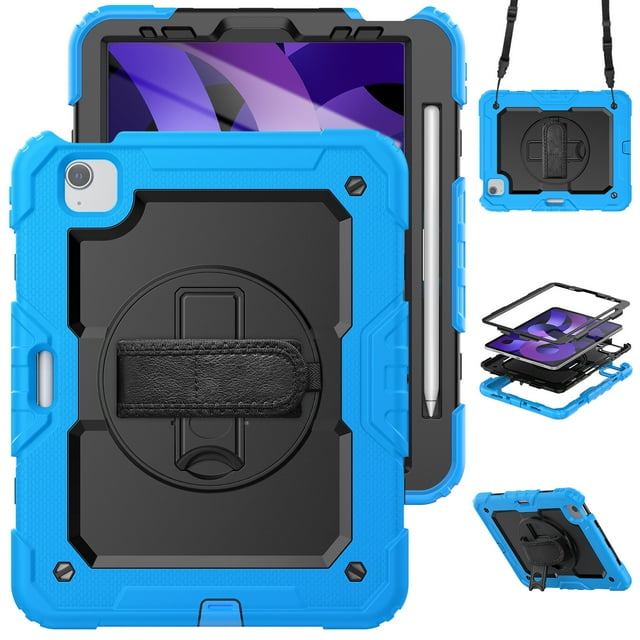 XYX For iPad Air 5th/4th Generation 10.9 inch 2022/2020 Case, 360 Rotating Shockproof Cover with Stand, Screen Protector, Shoulder Strap, Sky Blue