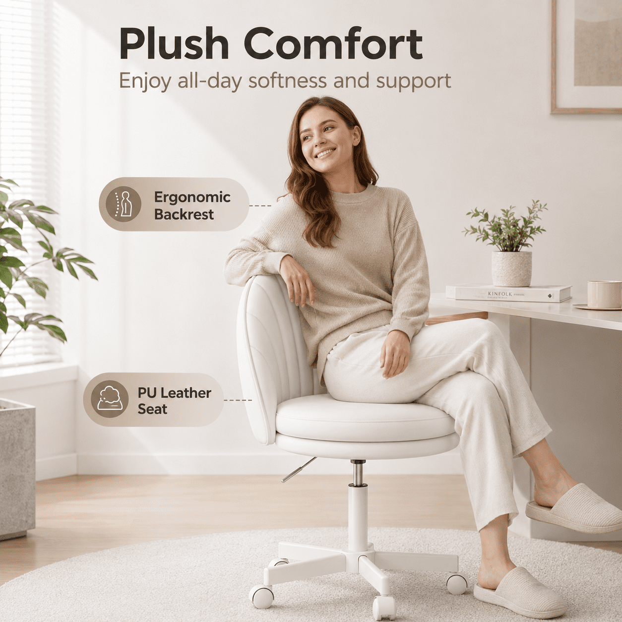 LUCKLIFE Office Desk Chair with Shell Back, 17.7"-23.6" Height Adjustable PU Leather Mid-Back Task Chair, Armless Computer Chair for Home Office, White