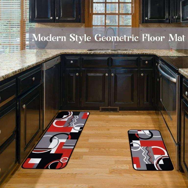 Red Black Grey White Kitchen Rug Set of 2, Modern Abstract Kitchen Floor  Mat Rugs Carpet- Geometric Black White Red Kitchen Decor and Accessories  Home