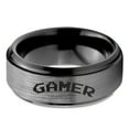 thumbnail image 2 of Tungsten Gamer Typography Writing Band Ring 8mm Men Women Comfort Fit Black Step Bevel Edge Brushed Gray Polished, 2 of 4