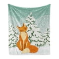 thumbnail image 1 of Fox Soft Flannel Fleece Throw Blanket, Red Fox Sitting in Winter Forest Snow Covered Pine Trees Xmas Cartoon, Cozy Plush for Indoor and Outdoor Use, 70" x 90", Almond Green Orange, by Ambesonne, 1 of 6