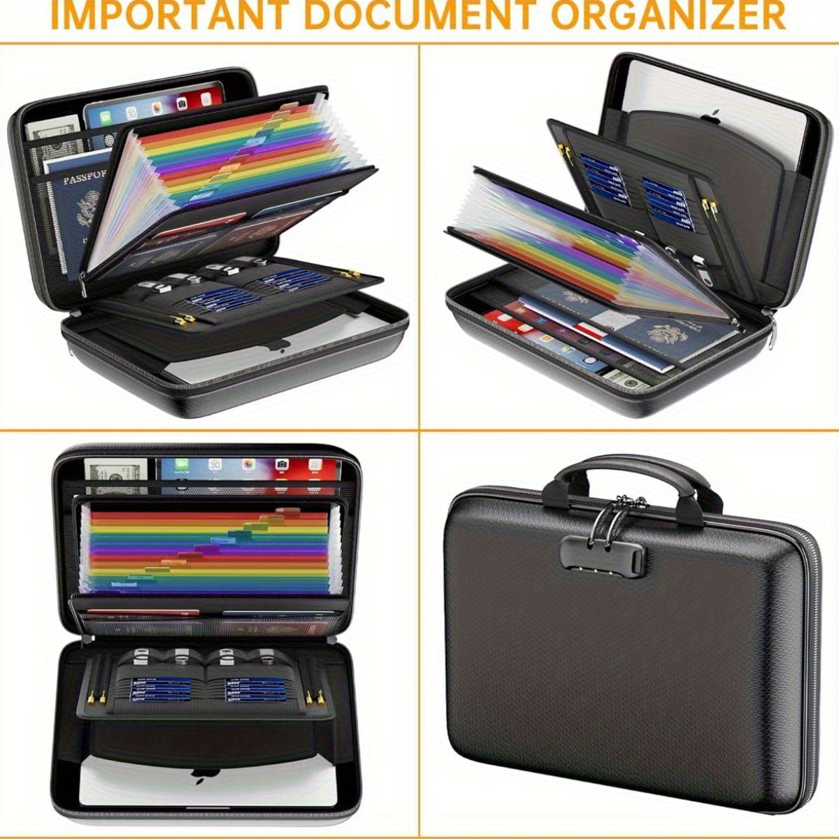 Fireproof File Organizer,Fireproof Document Box with Lock,Hard-Shell Case Fireproof Document Box with 13 Pocket Accordion File Folder for Letter/Legal Document,Laptop,Valuables