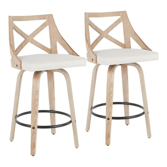 Charlotte 26" Farmhouse Fixed Height Counter Stool With Swivel In White Washed Wood And Cream Fabric - Set Of 2
