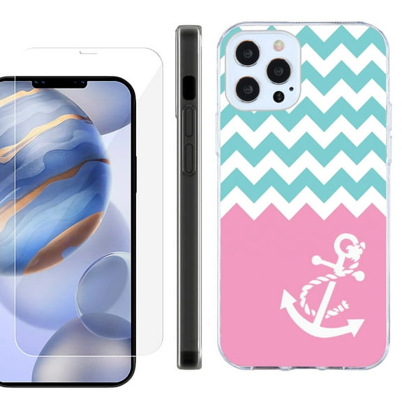 Slim Fit Protective Phone Case for Apple iPhone 12 / iPhone 12 Pro, with Tempered Glass Screen Protector, by OneToughShield ® - Chevron/Teal/Anchor