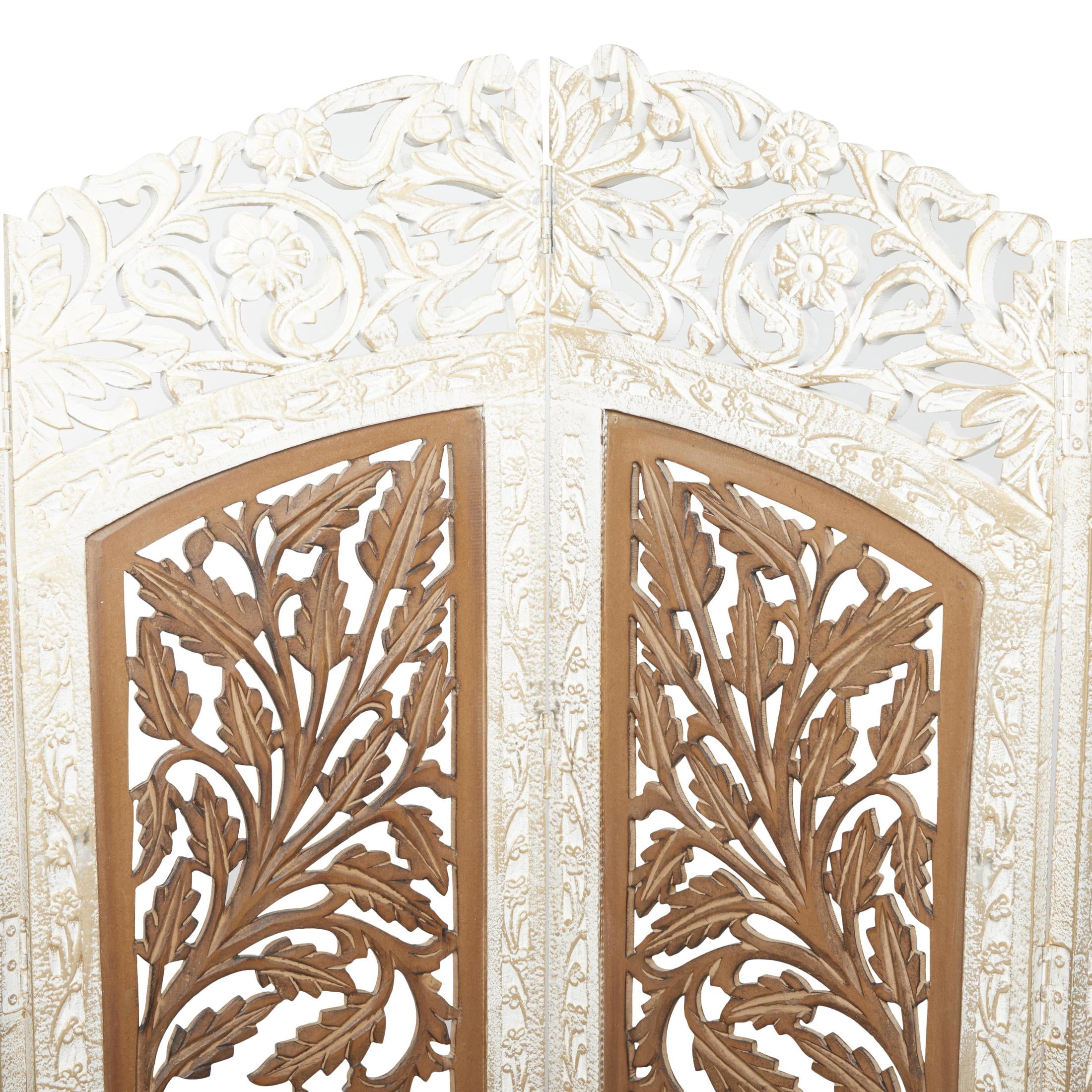 DecMode French Country Wood Foldable 4 Panel Room Divider Screen with Floral Carvings and Brown/White Distressed Finish, 62"W x 72"H