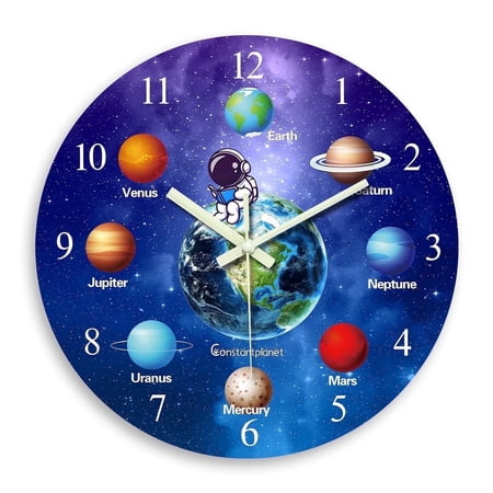 Blue Glow in the Dark Wall Clock 12 Inch Silent Galaxy Space Wall Clock Battery Operated for Kids Bedroom Classroom