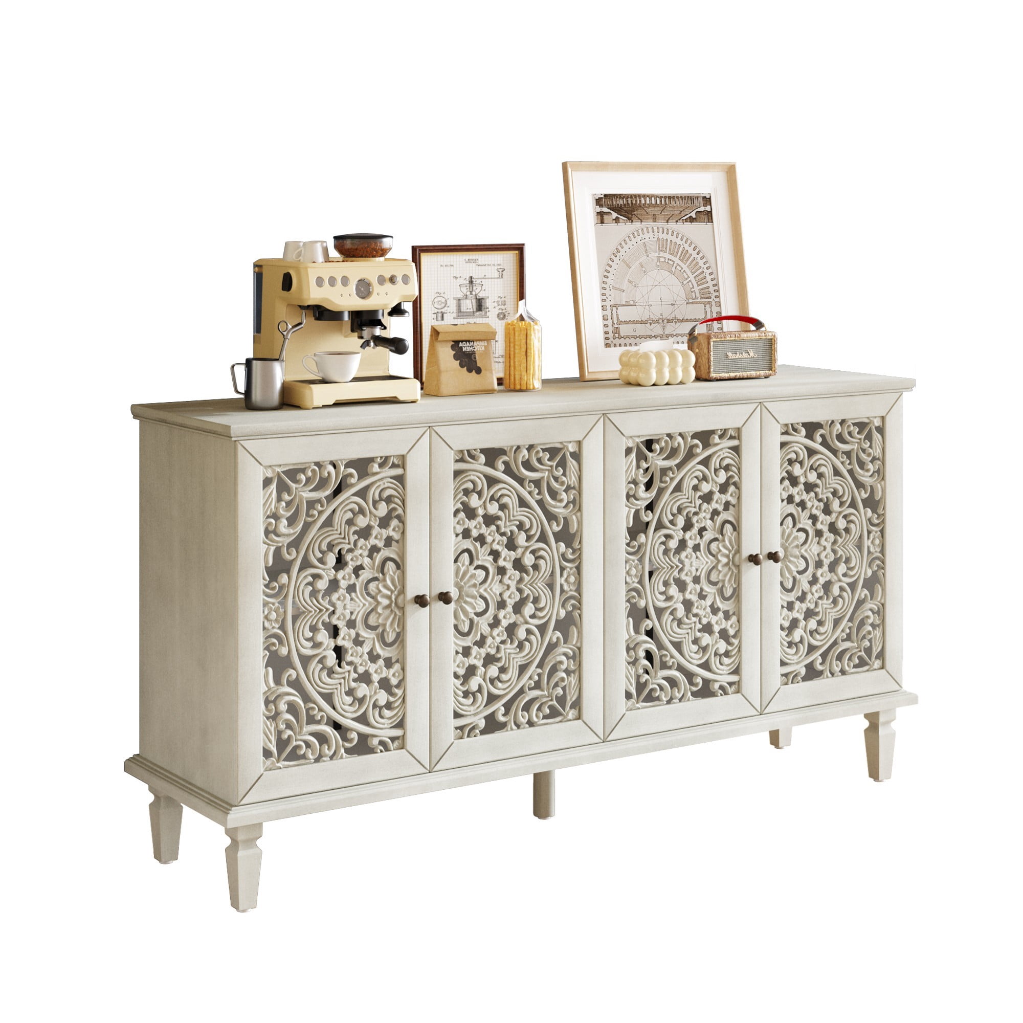 60" Antique Buffet Cabinet with Floral Carved Doors, TV Stand for 65 Inch TV, Sideboard Cabinet with Adjustable Shelves, Antique White