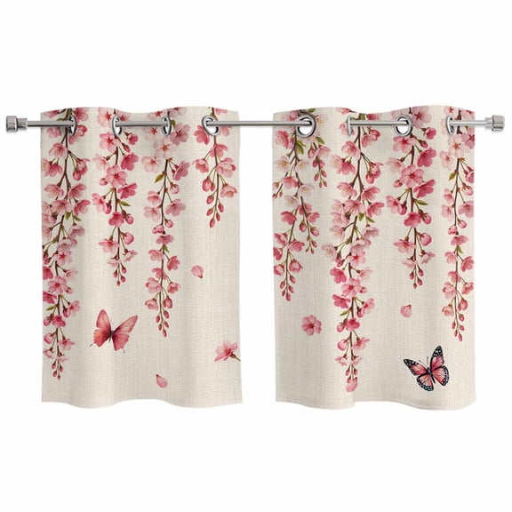Butterfly Flower Kitchen Curtains Window Panels, Farmhouse Country Pink Floral on Linen Insulated Window Treatment Curtain, Grommet Curtains for Bedroom/Living Room/Bathroom, 2 Piece 27.5"Wx39"L