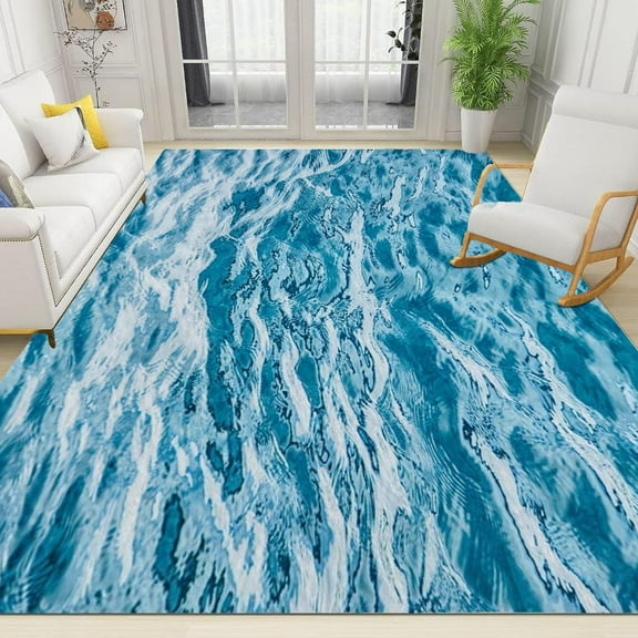 Blue Blurred Water Texture Living Room Area Rug, Mysterious Ocean Theme Design Carpet, Essential for Indoor Home Decoration, Durable and Comfortable Washable Bedroom Room 5'x6'
