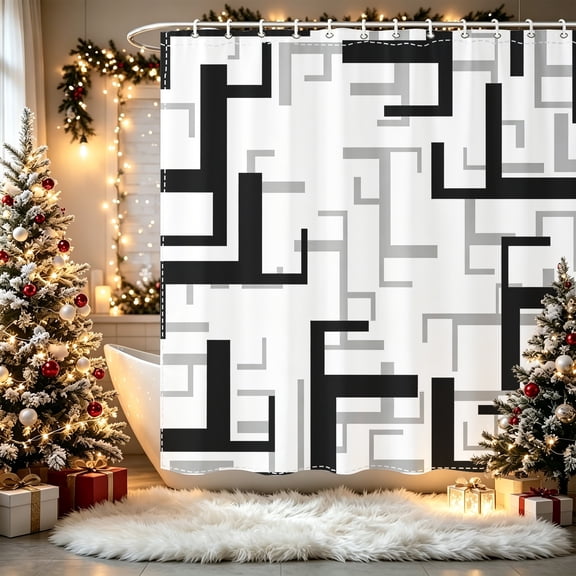 Minimalist Black Grey Interlocking Geometric Block Print Shower Curtain (70.8x70.8inch), Sleek Contemporary Festive Winter Xmas Bathroom Accent