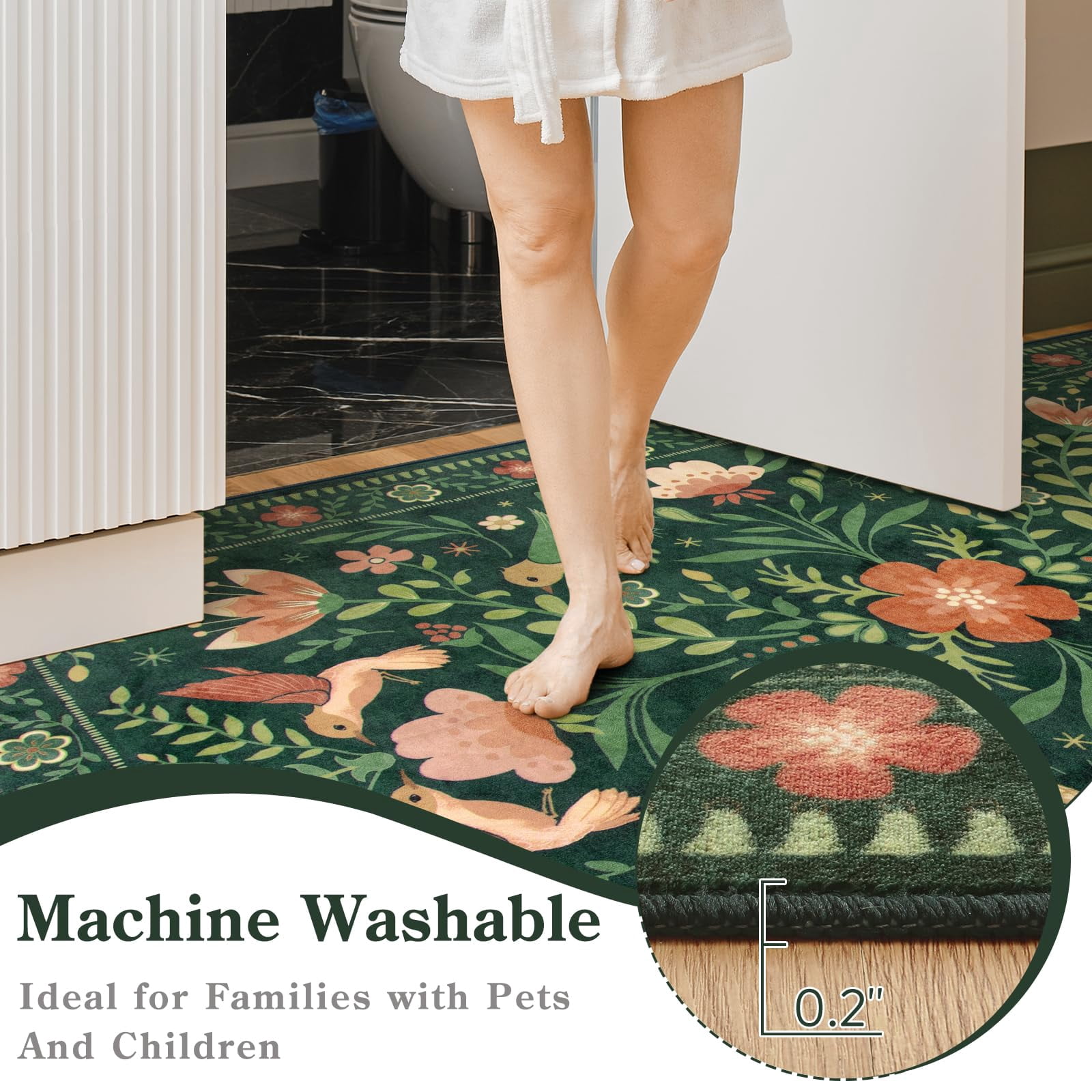 Lahome Decor 6'x9' Boho Bird Area Rugs,Floral Rug for Living Room Machine Washable,Soft Indoor Carpet,Non-Slip Low Pile for Bedroom Dining Room Playroom Office,Green