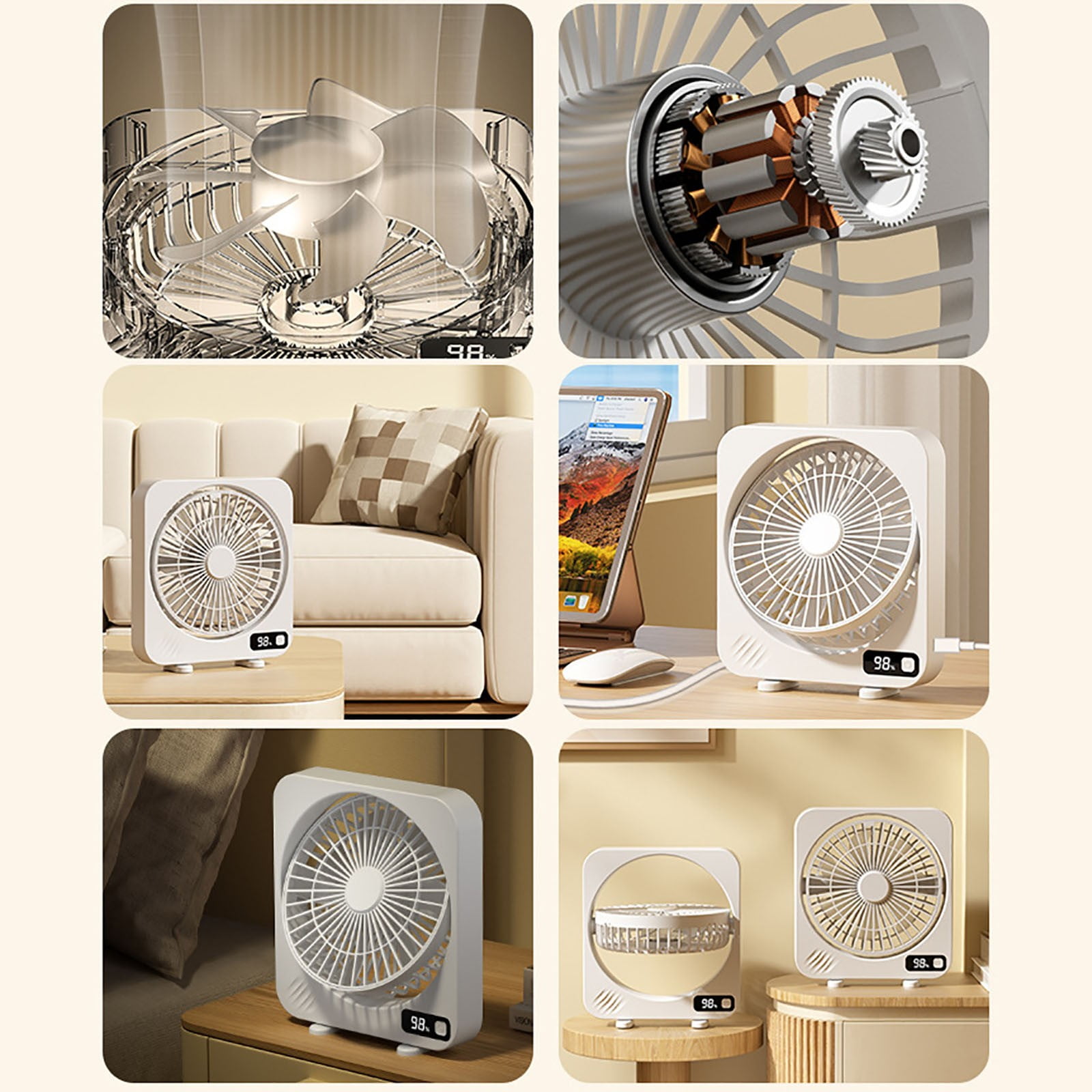 LHNFT Desk Fan Rechargeable Portable Fan with 5 Speeds & LED Display - 14 Inch Personal Silent Table Fan, 180° Tilt, Type-C Fast Charging,Desktop Fan for Bedroom Home Office Outdoor