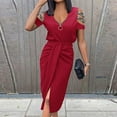 thumbnail image 1 of Mikilon Women's Solid Color V Neck Off The Shoulder Short Sleeve Slit Dress, 1 of 5