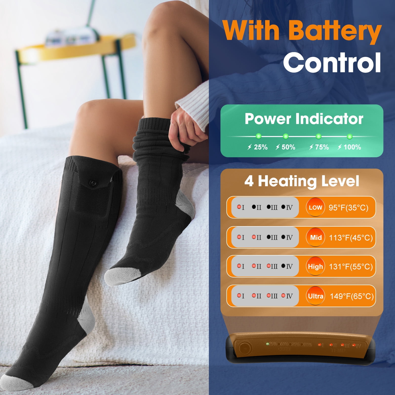 ROMYSE 5000mAh Rechargeable Heated Socks for Men Women Washable Electric Thermal Warming Socks with APP Remote Control for Winter Biking Skiing Outdoors Fishing Camping,Ideal Gift Size 5–11