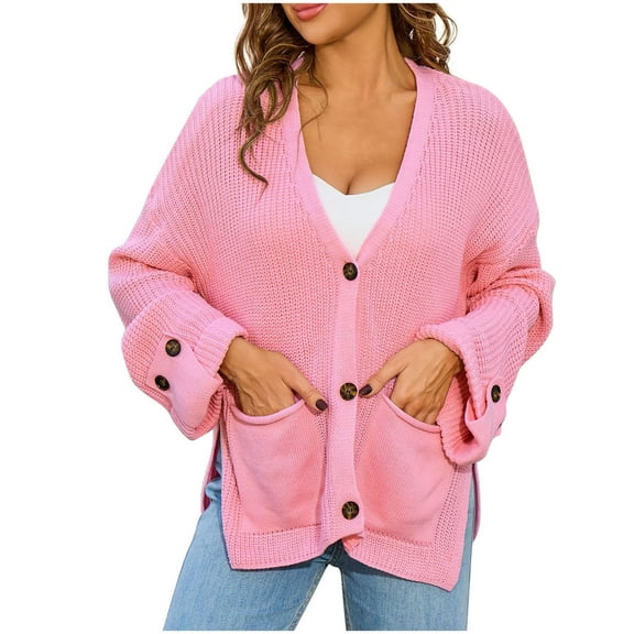 Women's Knit Cardigan Sweater Long Sleeve Split Button Down Cardigans with Pockets Oversized Chunky Sweater Coats Pink, M