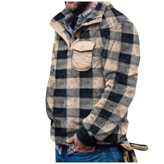 Men's Plaid Turtleneck Plush Sweater - Button Pullover with Pocket, Full Sleeve, Casual Style, All-Season Fit