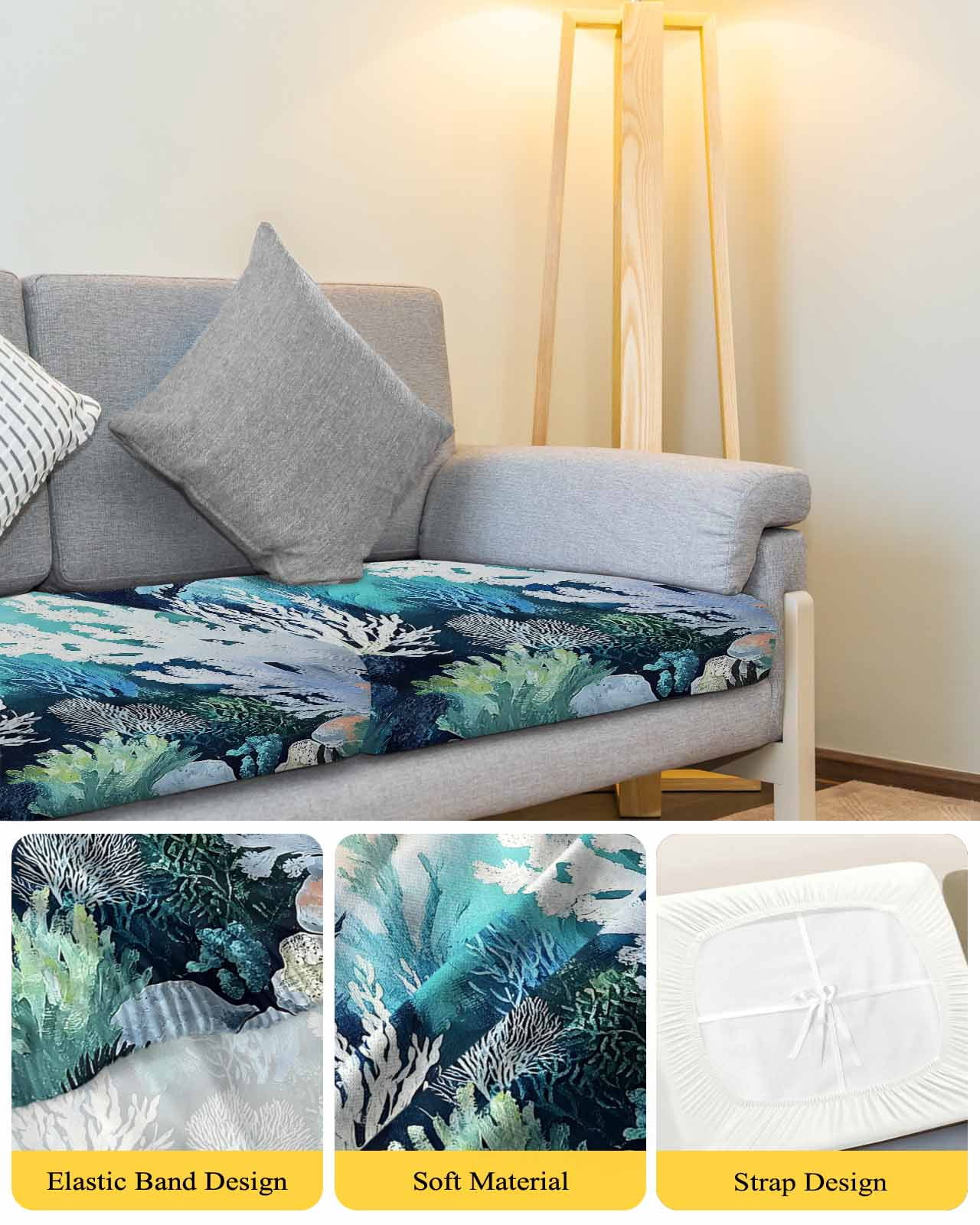 Coastal Ocean Couch Cushion Covers Stretch, Washable Sofa Seat Covers Individual Seat Cushion Sofa Slipcovers Summer Vintage Colorful Coral Couch Cover Furniture Protector S-1PCS