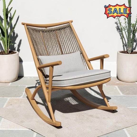 Tcbosik Rocking Chair Outdoor, Rattan Lounge Chair with Cushion and Metal Frame, Gilder Rocker with Woven Backrest for Balcony, Garden, Lawn, Deck, Maple