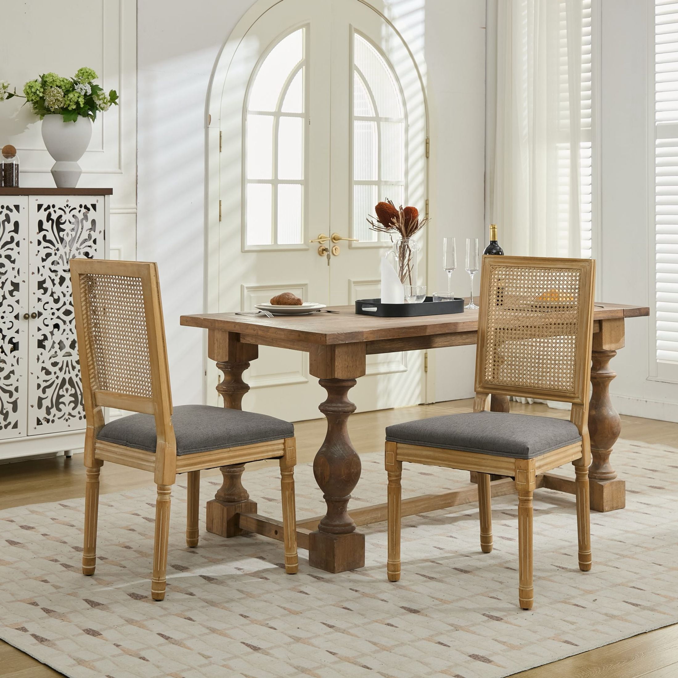 Noble House Set of 2 French Decor Dining Chairs, Rattan Backrest, Linen Fabric Seat, Gray