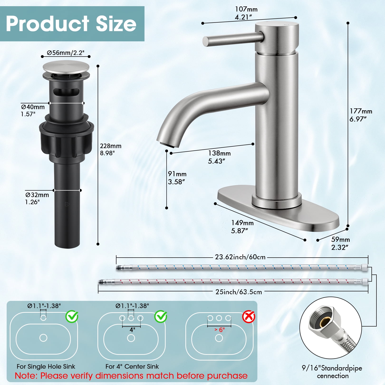 Wowkk Sanitary Ware Bathroom Faucets Stainless Steel Single Handle Bathroom Sink Faucet with Pop up Drain and PEX Encrypted Hose, Modern Bathroom Faucets for Sink 1 or 3 Holes, Brushed Nickel