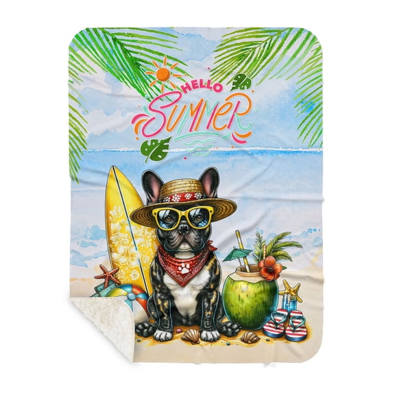 French Bulldog Hello Summer with Sunglasses and Surfboard Tropical Vibes Cozy Sherpa Blanket Dog Lover Gifts Warm Soft Throw Blanket - 00007