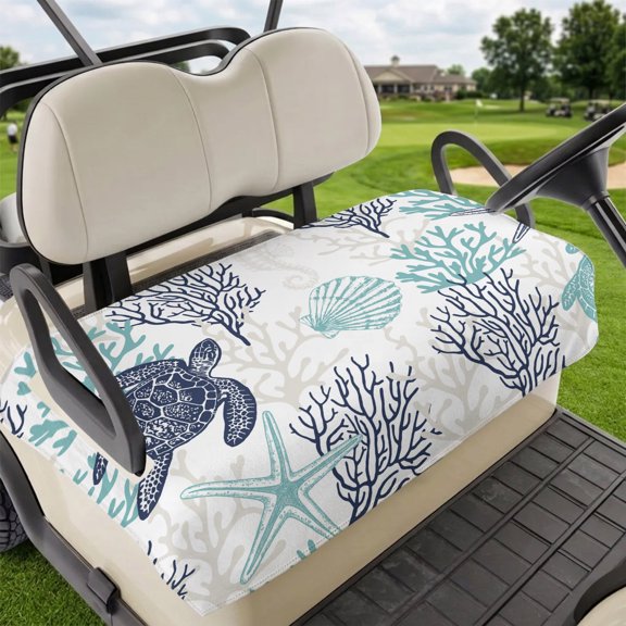 Golf Cart Seat Covers for 2 Seater,Teal Blue Coastal Microfiber Cart Seat Towel Blanket,Sea Turtle Nautical Coral Summer Beach Absorbent NonSlip Bench Seats Protector for Golf Course 51"x31"