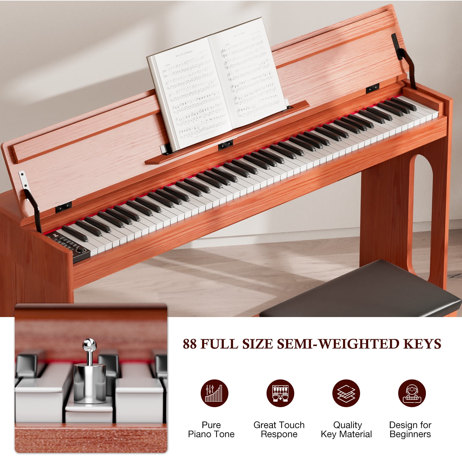 UMOMO 88 Key Digital Piano Keyboard, Full Size Electric Piano with Piano Stand, Headphone Jack, 3 Pedal, Electronic Piano for Beginner, Adults, Brown