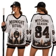 thumbnail image 2 of V Neck Long Sleeve Graphic Top For Women Halloween Haunted Night Theme Hockey Jersey Relaxed Fit Casual Long Sleeve Shirt Ideal For Halloween Party And Holiday Gathering White 3XL, 2 of 6