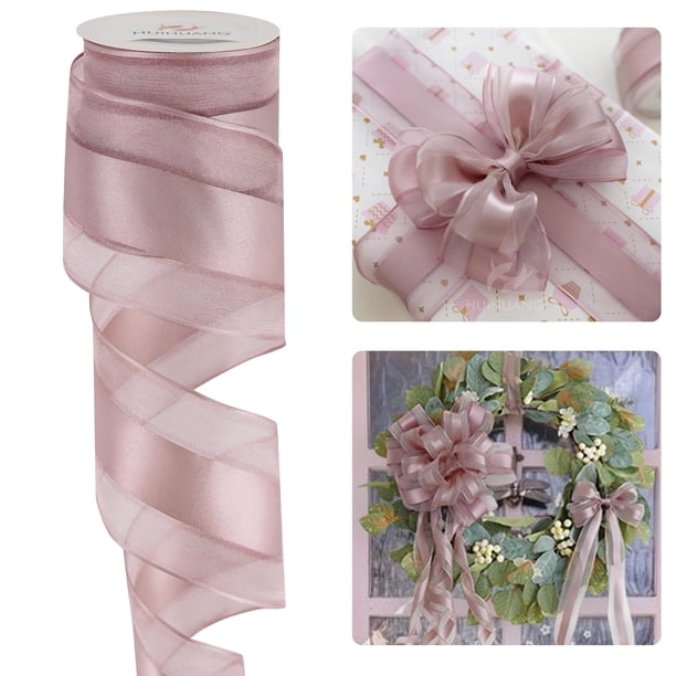 Cinta Alambre Satinada con Raya Transparente de 2,5" en Rosa Polvoriento - 9 m