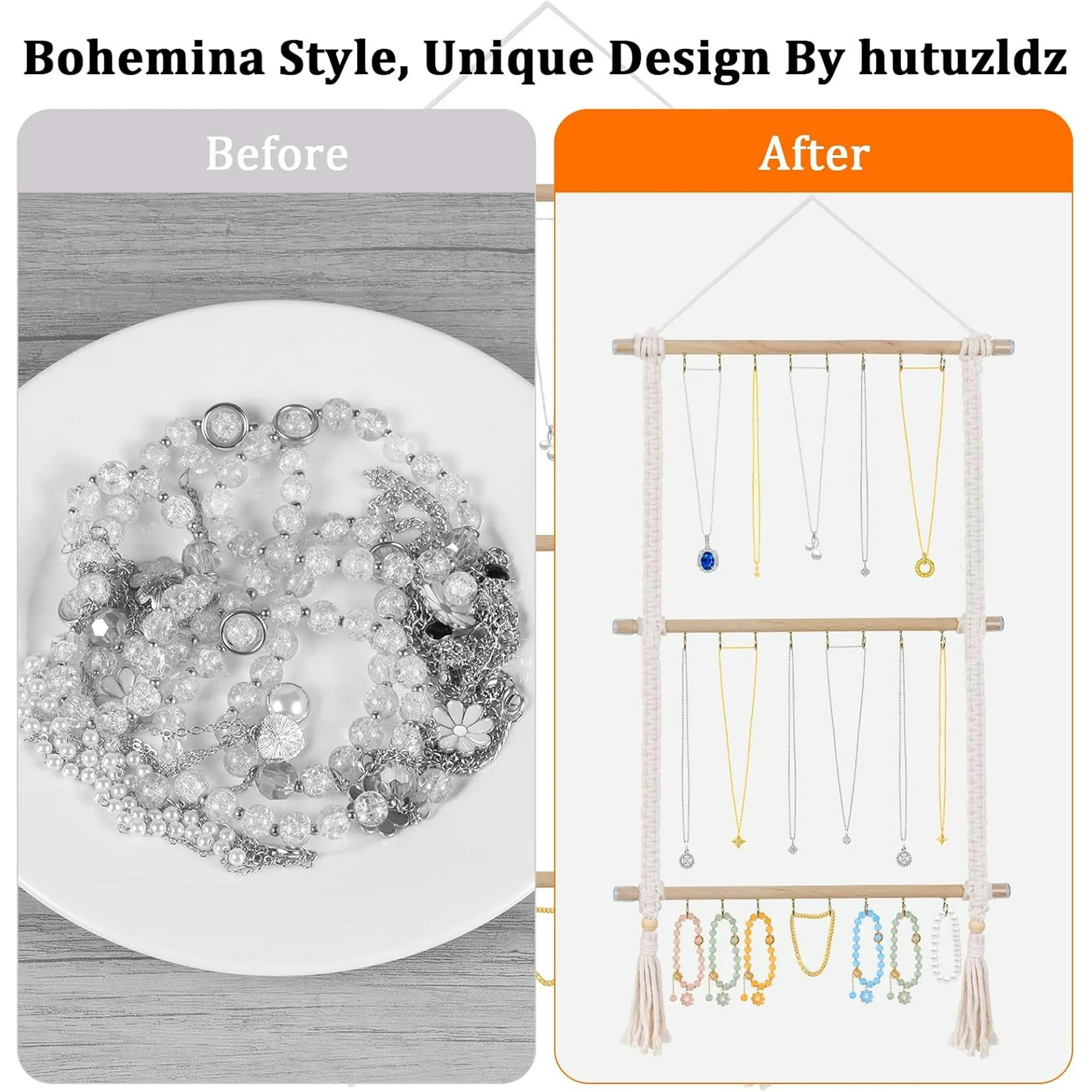 Hanging Jewelry Organizer, Macrame Necklace Holder with 30 Hooks, Wall Mounted Necklace Rack with Tassel for Girls Bracelet Earrings Headband Bow Display (Macrame) Macrame Macrame Macrame