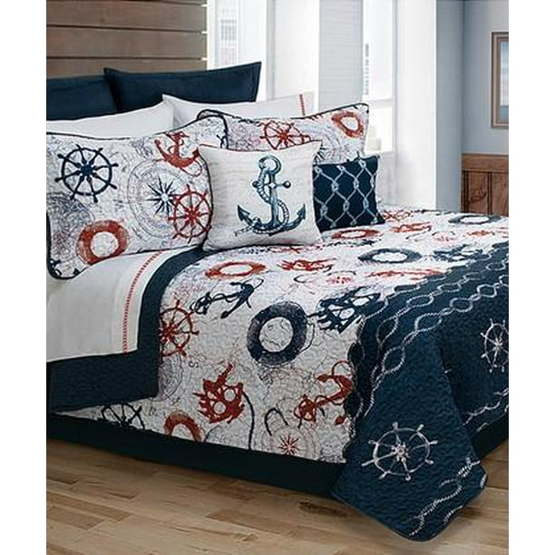 Nautical Anchors Patriotic Red, White & Blue Coastal King Quilt (5 Piece)