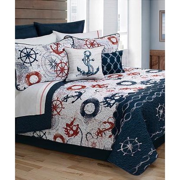 Nautical Anchors Patriotic Red White Blue Coastal Full Queen Quilt Set 5 Piece Com Nautical Anchors Patriotic Red White, Nautical Bed Sheets Queen