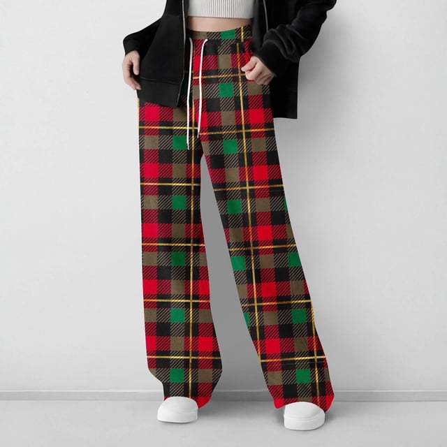 Cowsor Girls Casual Pants Plaid Stretch Comfy Lounge Pants Drawstring Waist with Pockets