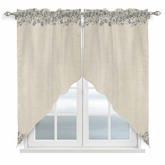 Blue Flower Swag Curtains for Kitchen/Bedroom/Living Room, Spring Farmhouse Country Floral Plant Beige Scalloped Curtains 63 Inch Long, Window Swag Topper Curtains Valances 2 Panels Set 36"x63"