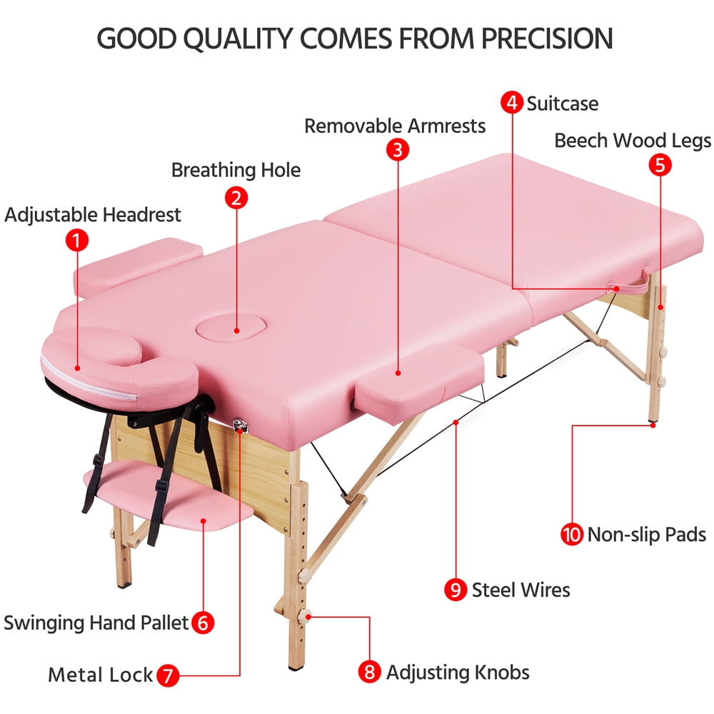 Alden Design 2-Fold Portable Wooden Massage Table for Spa Treatments & Tattoos, 84", Pink