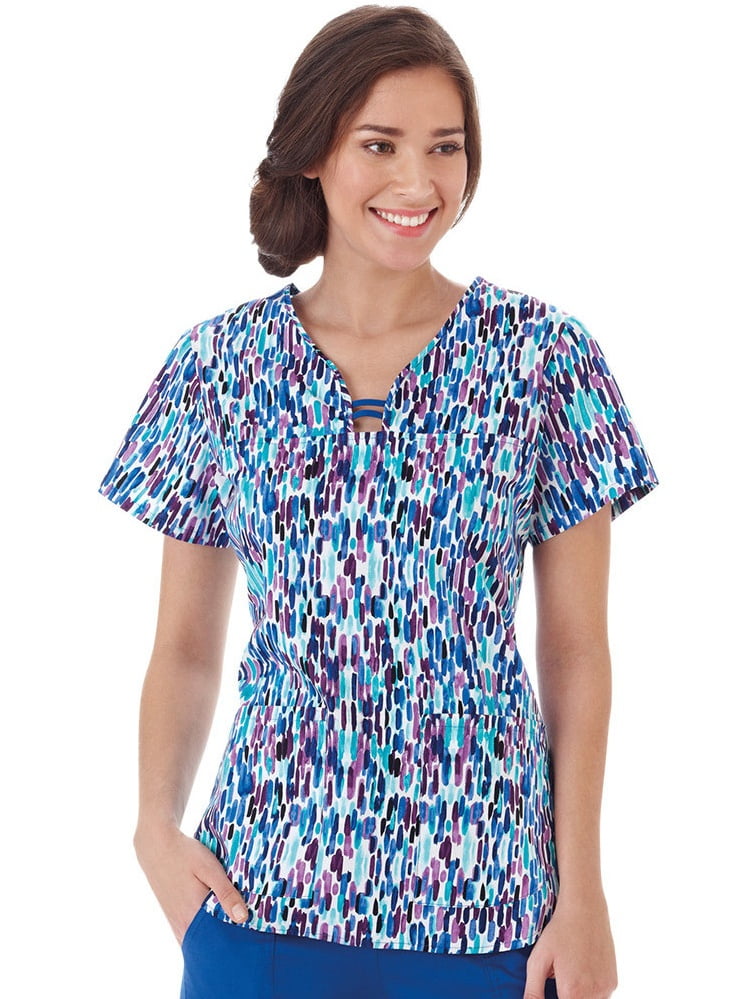 Clearance Bio Women&#39;s Open Round Neck Abstract Print Scrub Top - mediakits.theygsgroup.com