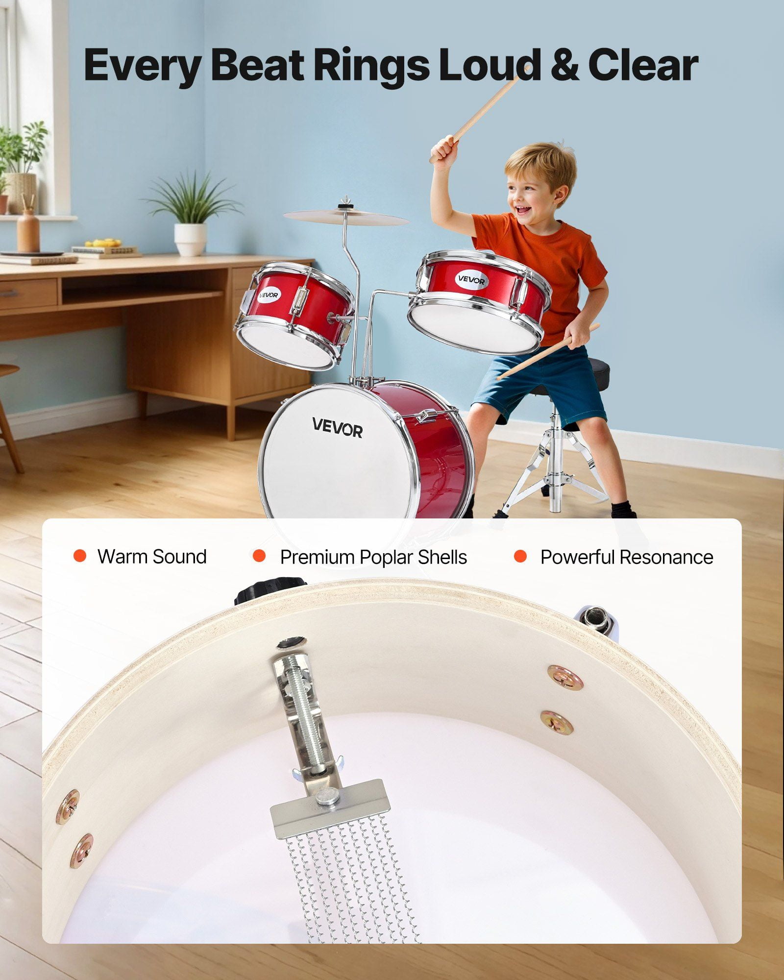 Kids Drum Set 3-Piece Junior Musical Drum Kit with 14 in Bass Drum (Red)