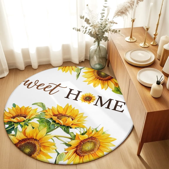 Round Rugs 3Ft, Sunflowers Farmhouse Round Area Rug Washable Indoor Throw Carpet, Country Botanical Floral Watercolor Small Non Slip Circle Rug for Bedroom Living Room Home Decor Aesthetic