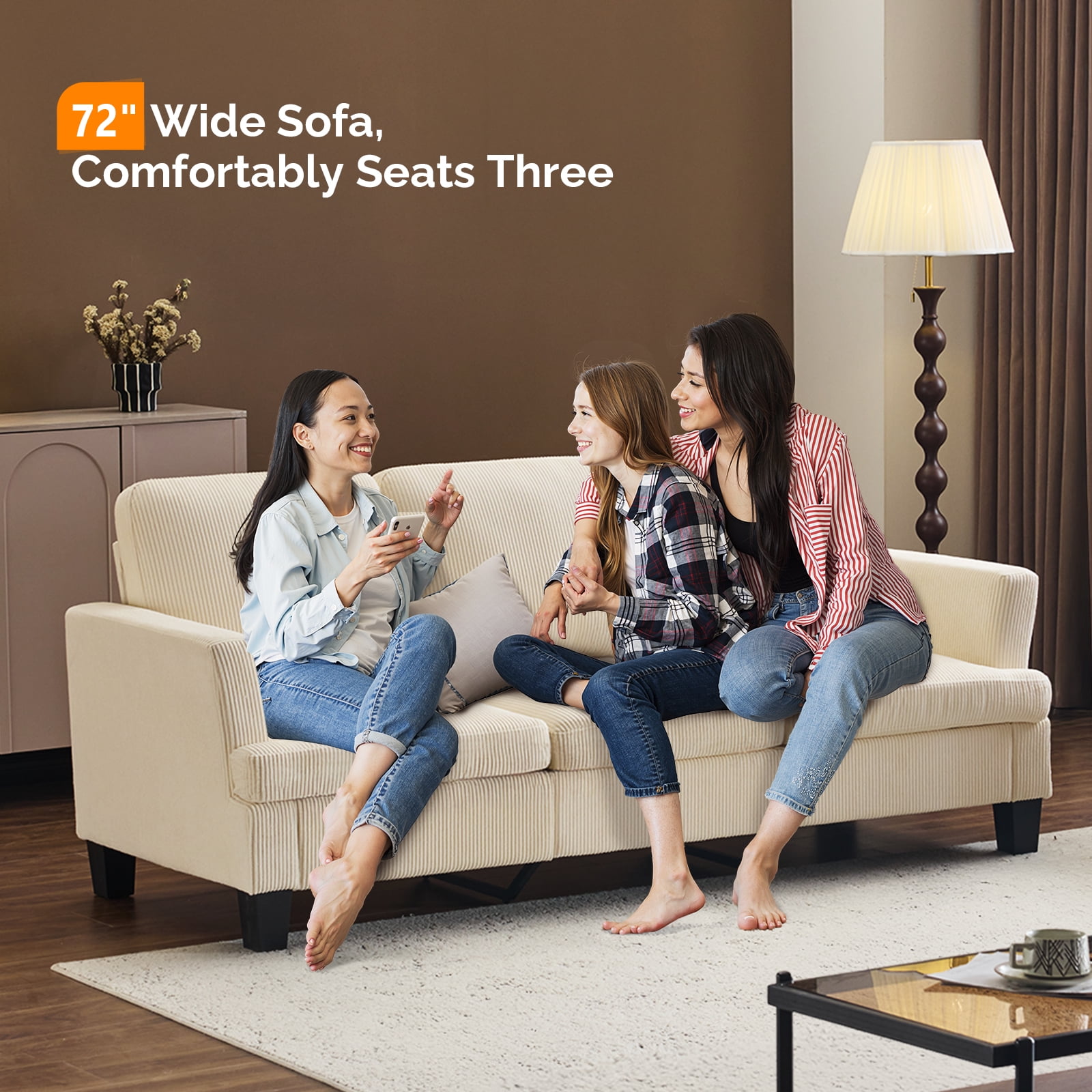 Ktaxon 83" Sofa with 3 Seater, Corduroy Couch with Deep Seat, Ergonomic Design, Removable Cushions for Living Room Bedroom Office, Beige