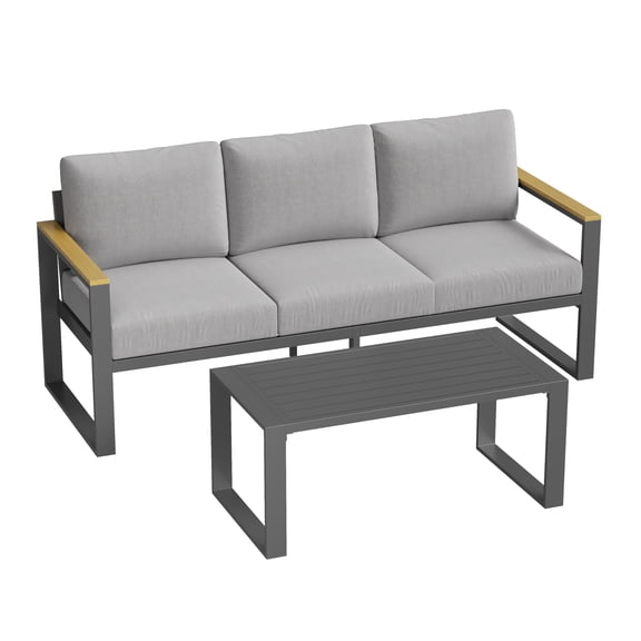 Modern Aluminum Patio Sofa Set, 3-Seat Outdoor Sectional with Coffee Table – Thick, Washable Cushions – Weather-Resistant Metal Conversation Set for Balcony, Garden, Deck, Backyard