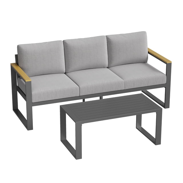 Set de Muebles de Aluminio para Exterior – Sofá de 3 Asientos y Mesa de Café – Cojines Gruesos Lavables – Balcón, Jardín y Terraza