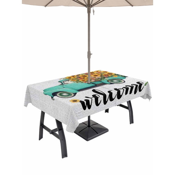 Outdoor Tablecloth with Umbrella Hole for Patio/Picnic/Party/Camping, Country Sunflowers Waterproof Table Cloth Rectangle Table Cover Washable, Welcome Rustic Truck Floral Farmhouse (60"x 84")