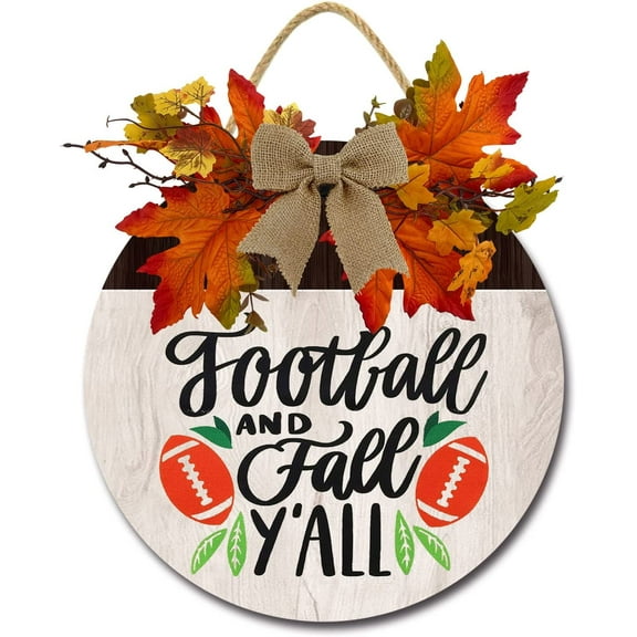 Eveokoki 12" Football and Fall Y‘all Signs for Front Door Farmhouse Porch Yard Rustic Round Wooden Hanging Wreaths for Housewarming Gift Autumn Decoration Outdoor Indoor Wall Decor
