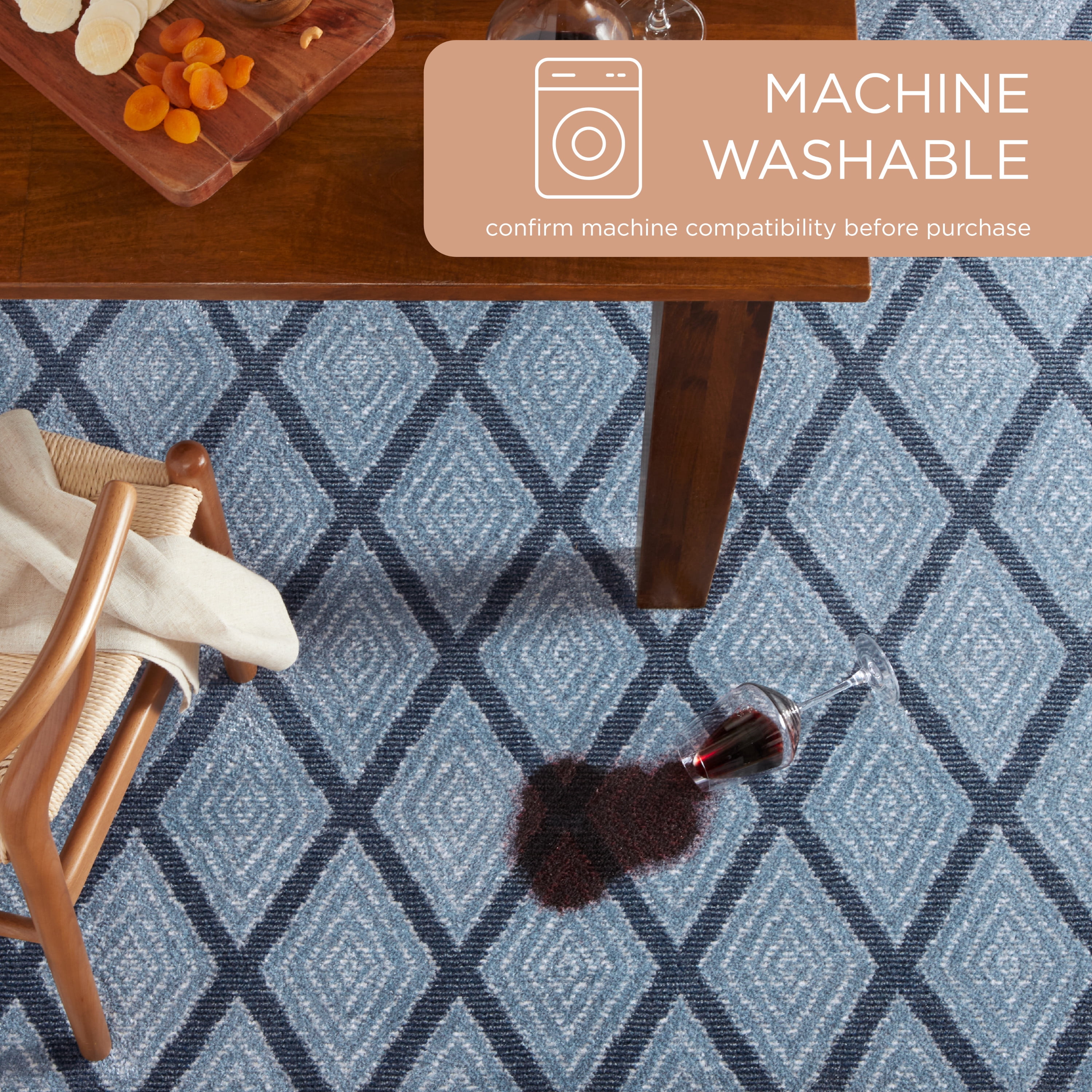 TOWN & COUNTRY EVERYDAY Rein Solid Diamond Everwash® Washable Area Rug with Non-Slip Backing, Pet Friendly Rug, Blue, 5'2"x7'2"