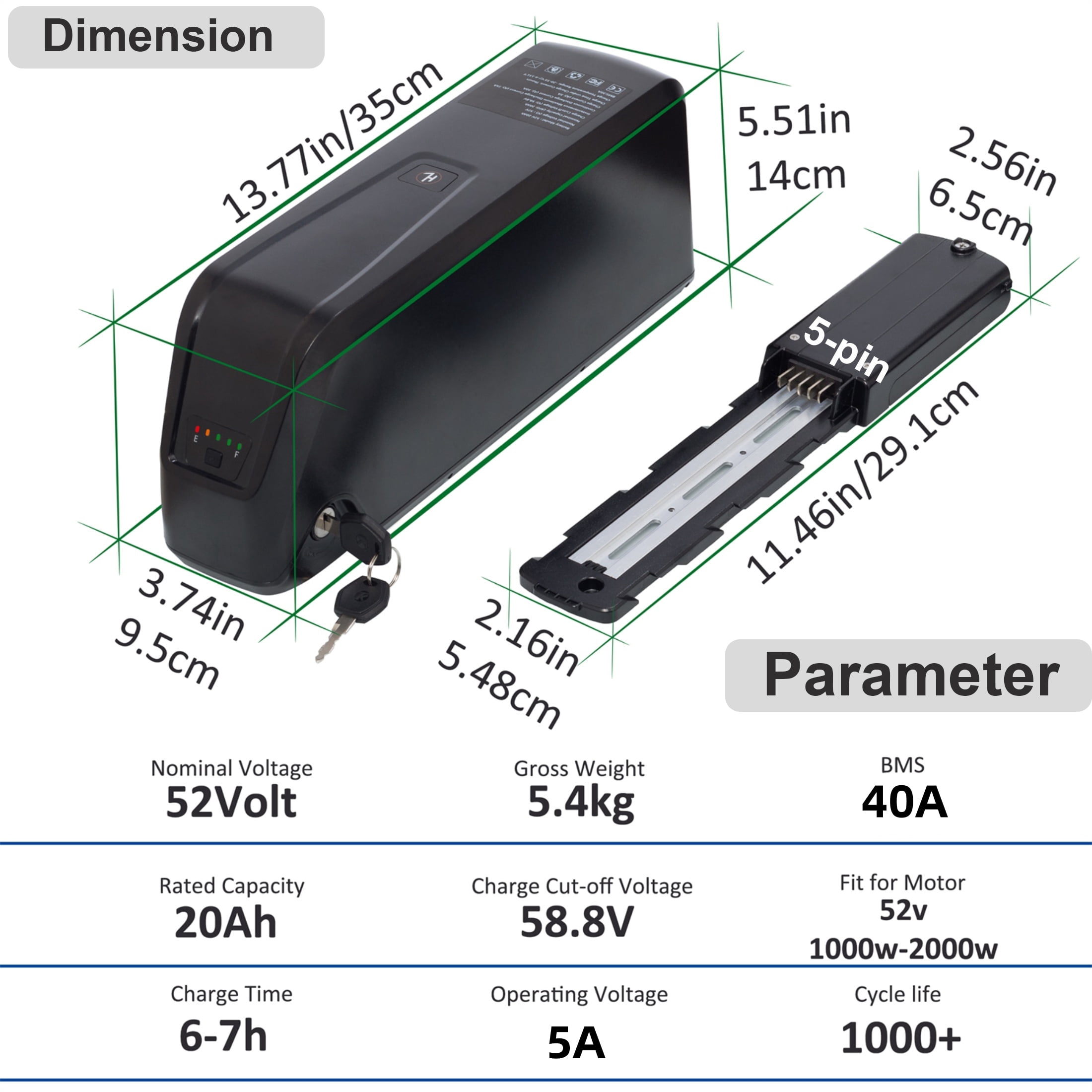5Prong 52V 20AH Ebike Battery 52V Battery 2000W Scooter Lithium Battery for Adult Electric Bike
