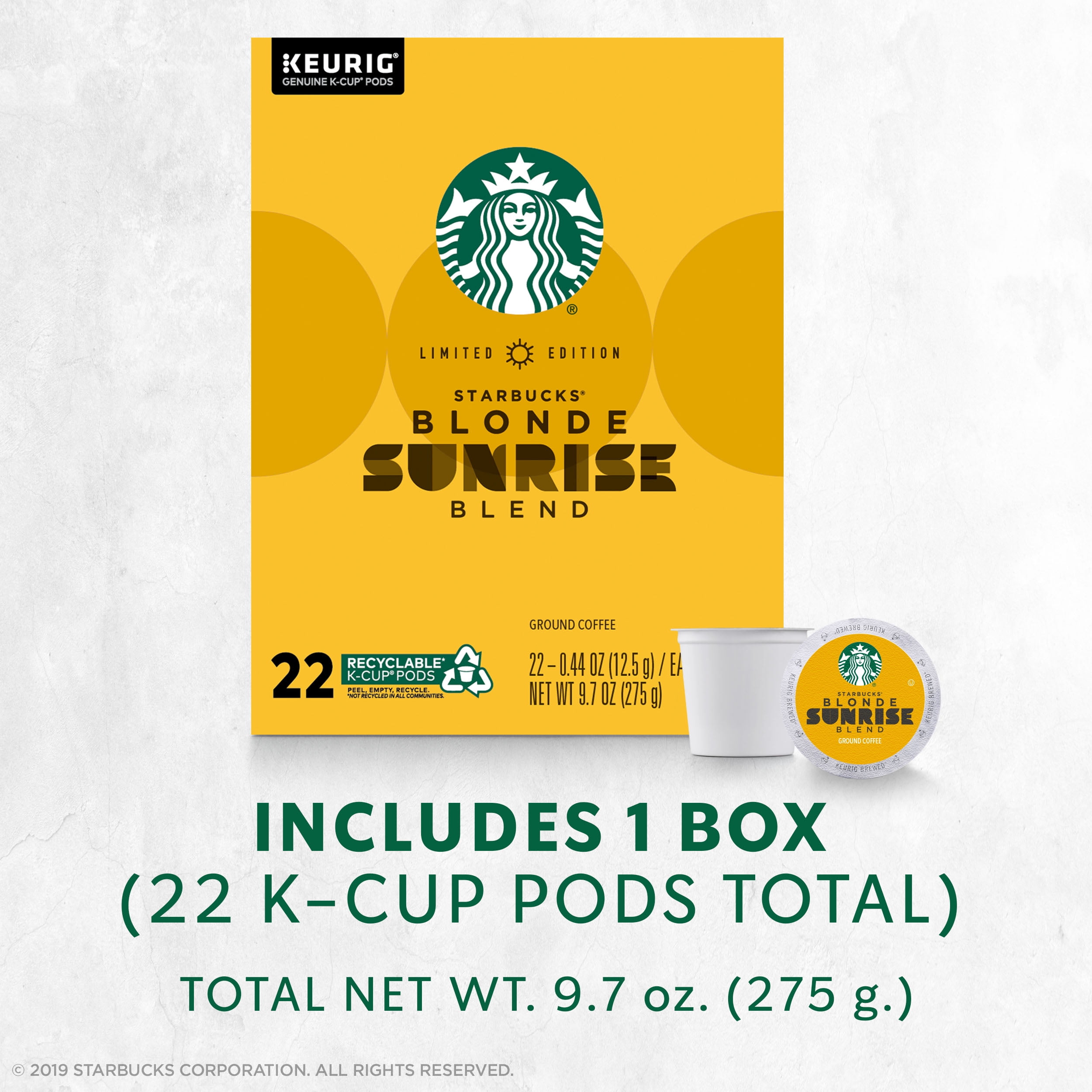 Starbucks Blonde Roast K-Cup Coffee Pods — Sunrise Blend for Keurig Brewers — 1 box (22 pods)