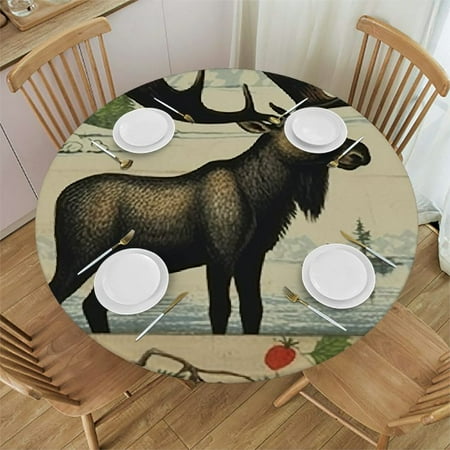 

BCIIG Moose Folk Art Round Table Cover Stain Resistant Washable Perfect for Indoor Outdoor Kitchen Dining Wedding Parties Elastic Edge 100% Polyester Fiber 46 -50