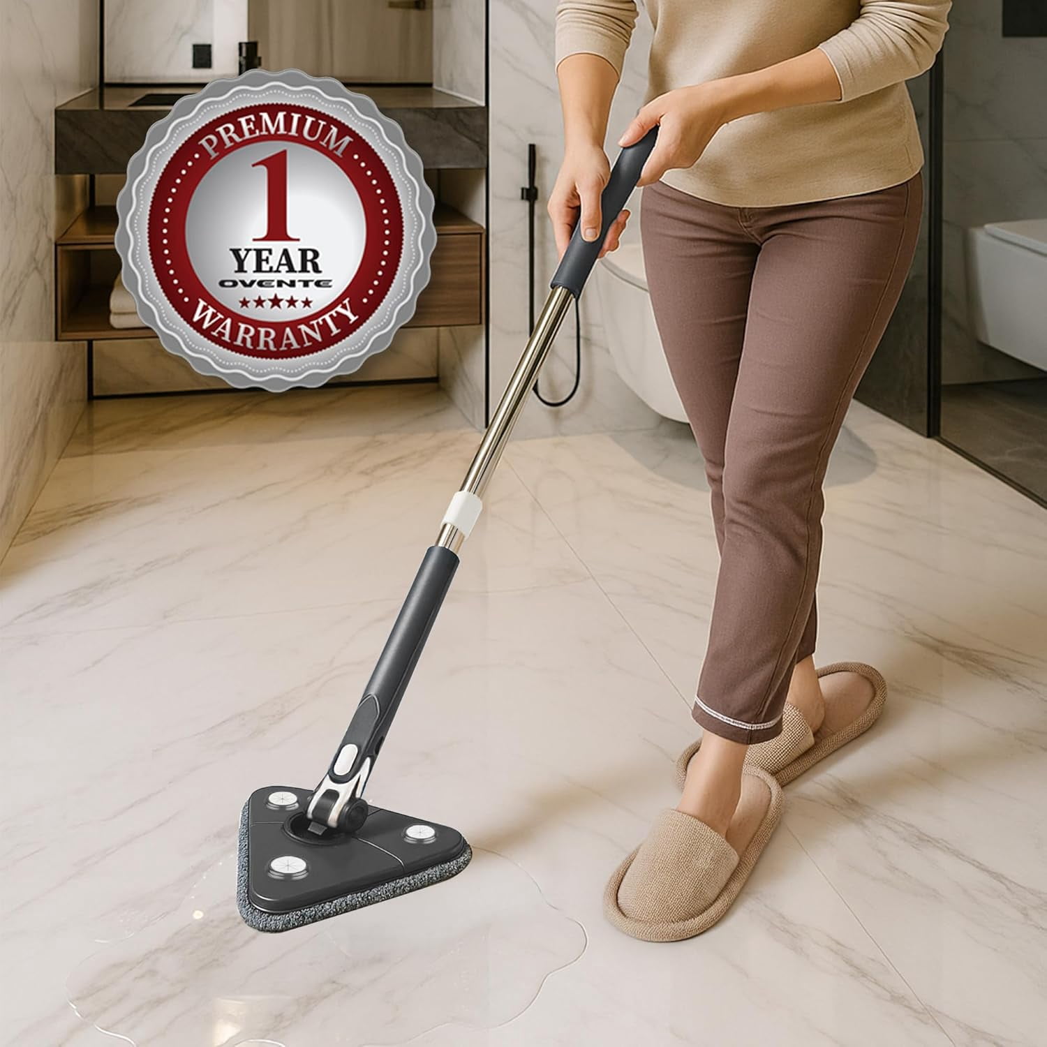 OVENTE Wall Cleaner Mop with 50" Adjustable Handle, Squeegee, Reusable and Easy to Clean Microfiber Pad, 360° Triangular Cleaning Tool Duster for Painted Walls/Baseboard/Window/Floor, Grey CTM311GY