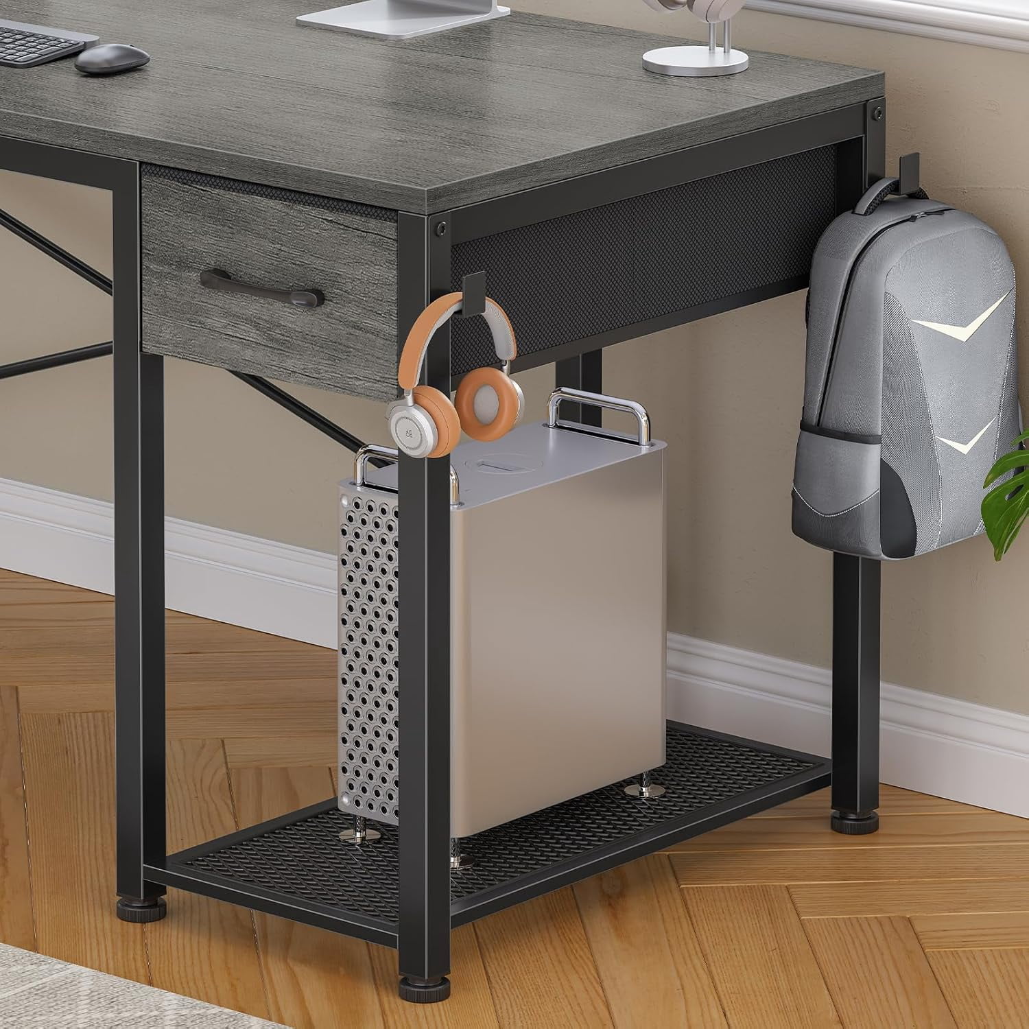 51" L Shaped Desk wtih Power Outlets and Storage, Reversible Gaming Desk with Drawer and Open Shelves, Small Computer Desk Corner Desk with LED Lights for Home Office, Bedroom, Small Space, Grey